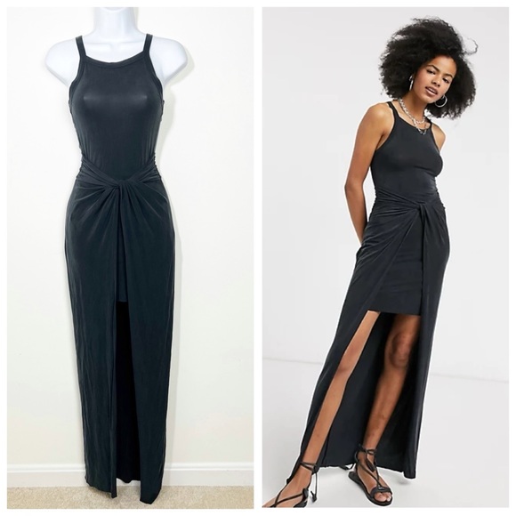 AllSaints Sami Cupro Knot Front Maxi Dress Size 0 in Black New All Saints